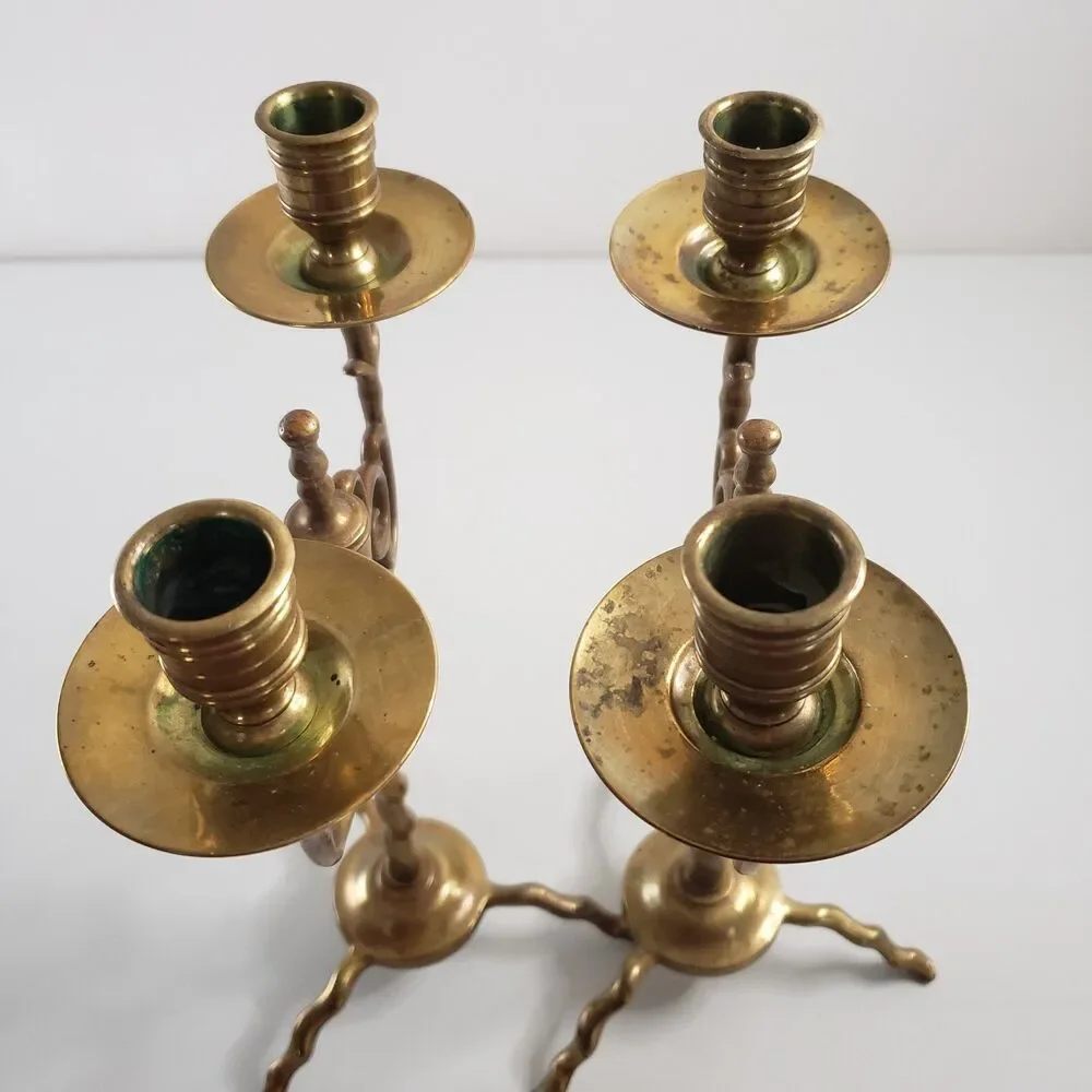 Antique Brass Candlesticks Twist Swirl Scroll Pair Double Candelabra Holders
